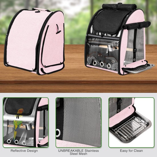 SUERTREE Bird Carrier Bag with Indestructible Stainless Steel Mesh, Bird Travel Cage with Stand, Easy Clean Backpack for Parrot, Portable Bird Travel Bag, Pet Breathable Travel Cage, Pink SUERTREE Bird Carrier Bag with Indestructible Stainless Steel Mesh, Bird Travel Cage with Stand, Easy Clean Backpack for Parrot, Portable Bird Travel Bag, Pet Breathable Travel Cage, Pink