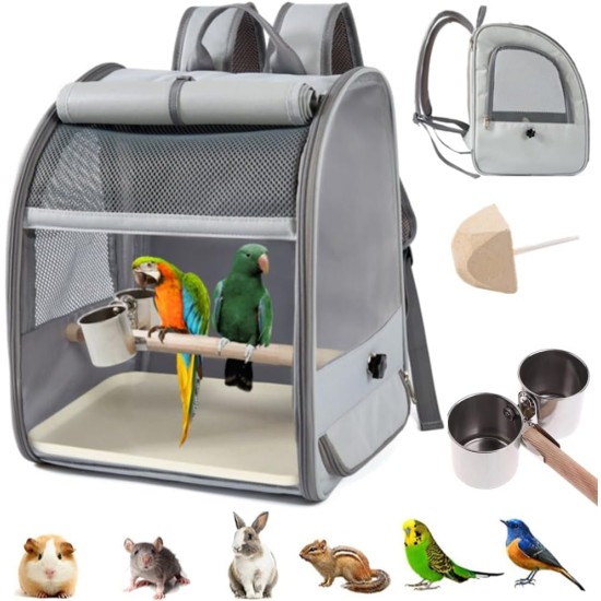 Transport container for birds, backpack for birds with wooden rod, bird transport box, with stainless steel clip cups, portable bird carrier, travel bag, 1 molar stone, 1 plastic pallet Transport container for birds, backpack for birds with wooden rod, bird transport box, with stainless steel clip cups, portable bird carrier, travel bag, 1 molar stone, 1 plastic pallet
