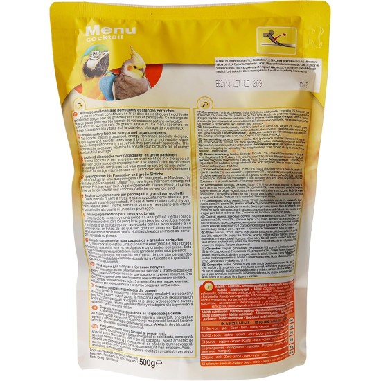 Riga - Menu Cocktail - Treats for Parrots and Parrots - Grain Mix, Rich in Fruits - Vitamin Source - High Energy & Balanced Food - Doypack 500g Riga - Menu Cocktail - Treats for Parrots and Parrots - Grain Mix, Rich in Fruits - Vitamin Source - High Energy & Balanced Food - Doypack 500g
