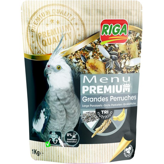 Riga - Premium menu for large parakeets - Mix of grains, cereals and vegetable proteins - Tri-Nutrition concept - Promotes optimal bowel function - 1 kg Riga - Premium menu for large parakeets - Mix of grains, cereals and vegetable proteins - Tri-Nutrition concept - Promotes optimal bowel function - 1 kg