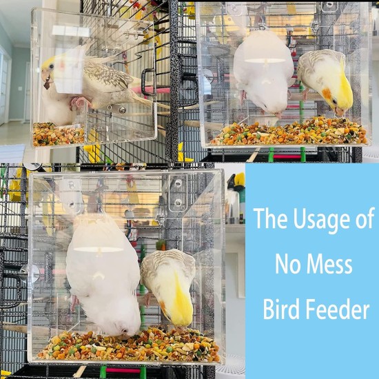 No Mess Bird Feeder for Cage - Automatic Bird Feeder Transparent Food Container Acrylic No Spill Cage Seed Catcher with Stainless Steel Hook for Parrots Parakeets No Mess Bird Feeder for Cage - Automatic Bird Feeder Transparent Food Container Acrylic No Spill Cage Seed Catcher with Stainless Steel Hook for Parrots Parakeets