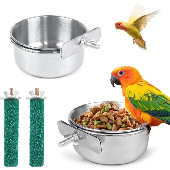 Pack of 2 Bird Feeding Bowls for Hanging, Stainless Steel Bowl with Holder, Bird Feeder Bowl, Stainless Steel Parrots Feeding Cup, for Birds, Parrots, Water Feeding Bowl