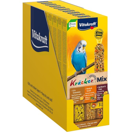 Vitakraft Kräcker Mix, Bird Snack, Nibble Sticks with Egg and Grass Seed, with Apricot and Fig, with Honey and Sesame, for Beak Care, No Added Sugar (10 x 80 g) Vitakraft Kräcker Mix, Bird Snack, Nibble Sticks with Egg and Grass Seed, with Apricot and Fig, with Honey and Sesame, for Beak Care, No Added Sugar (10 x 80 g)