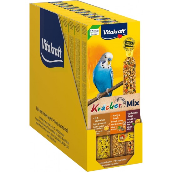 Vitakraft Kräcker Mix, Bird Snack, Nibble Sticks with Egg and Grass Seed, with Apricot and Fig, with Honey and Sesame, for Beak Care, No Added Sugar (10 x 80 g) Vitakraft Kräcker Mix, Bird Snack, Nibble Sticks with Egg and Grass Seed, with Apricot and Fig, with Honey and Sesame, for Beak Care, No Added Sugar (10 x 80 g)