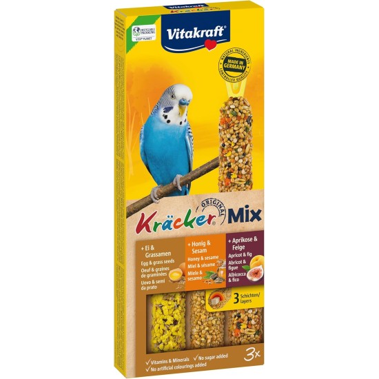 Vitakraft Kräcker Mix, Bird Snack, Nibble Sticks with Egg and Grass Seed, with Apricot and Fig, with Honey and Sesame, for Beak Care, No Added Sugar (10 x 80 g) Vitakraft Kräcker Mix, Bird Snack, Nibble Sticks with Egg and Grass Seed, with Apricot and Fig, with Honey and Sesame, for Beak Care, No Added Sugar (10 x 80 g)