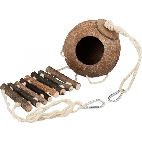 Relaxdays Bird Toy, Wooden Ladder, Coconut Shell, Bird Cage Accessories for Budgies, Canaries, Bird Nest, Natural Relaxdays Bird Toy, Wooden Ladder, Coconut Shell, Bird Cage Accessories for Budgies, Canaries, Bird Nest, Natural