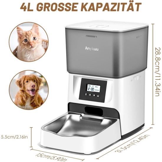 Anykuu 4L Automatic Cat Feeder Dispenser with Timer and Voice Recording 10s, Stainless Steel Bowl and 1-4 Meals a Day for Small and Medium Pets Anykuu 4L Automatic Cat Feeder Dispenser with Timer and Voice Recording 10s, Stainless Steel Bowl and 1-4 Meals a Day for Small and Medium Pets