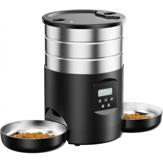 Automatic Cat Feeder, 2 Bowls, Cat Food, Automatic, Stainless Steel Feeder, Cat Feeder, Programmable Timer, 5 L Dog Feeder, Dry Food Dispenser, Two Power Sources, for Small/Medium Pets Automatic Cat Feeder, 2 Bowls, Cat Food, Automatic, Stainless Steel Feeder, Cat Feeder, Programmable Timer, 5 L Dog Feeder, Dry Food Dispenser, Two Power Sources, for Small/Medium Pets