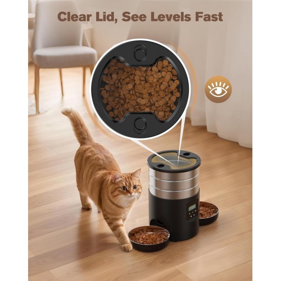 Automatic Cat Feeder, 2 Bowls, Cat Food, Automatic, Stainless Steel Feeder, Cat Feeder, Programmable Timer, 5 L Dog Feeder, Dry Food Dispenser, Two Power Sources, for Small/Medium Pets Automatic Cat Feeder, 2 Bowls, Cat Food, Automatic, Stainless Steel Feeder, Cat Feeder, Programmable Timer, 5 L Dog Feeder, Dry Food Dispenser, Two Power Sources, for Small/Medium Pets