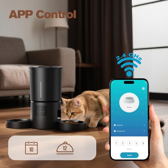 Automatic Cat Feeder 2 Bowls with App: 5L Automatic Feeder with 2.4G WiFi Timer for Dry Food - AONBOY Double Bowl Design for Multi-Cat Households and Dogs - Black Automatic Cat Feeder 2 Bowls with App: 5L Automatic Feeder with 2.4G WiFi Timer for Dry Food - AONBOY Double Bowl Design for Multi-Cat Households and Dogs - Black