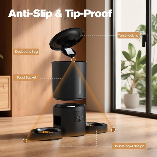 Automatic Cat Feeder 2 Bowls with App: 5L Automatic Feeder with 2.4G WiFi Timer for Dry Food - AONBOY Double Bowl Design for Multi-Cat Households and Dogs - Black Automatic Cat Feeder 2 Bowls with App: 5L Automatic Feeder with 2.4G WiFi Timer for Dry Food - AONBOY Double Bowl Design for Multi-Cat Households and Dogs - Black