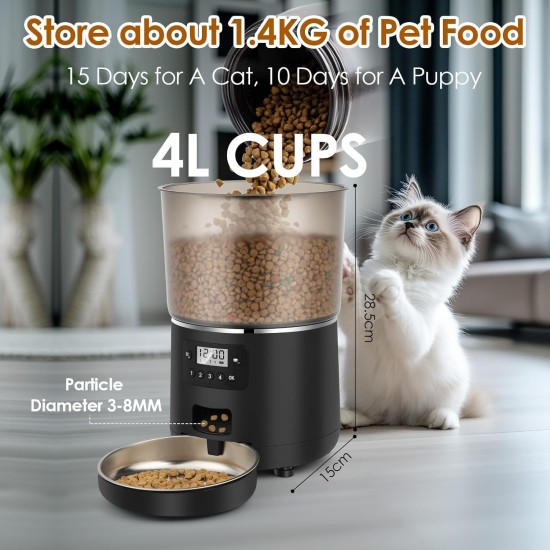 Automatic Cat Feeder 4L Cat Food Automatic with Stainless Steel Bowl and Timer, 1-4 Meals a Day Cat Feeder for Small and Medium Pets Automatic Cat Feeder 4L Cat Food Automatic with Stainless Steel Bowl and Timer, 1-4 Meals a Day Cat Feeder for Small and Medium Pets