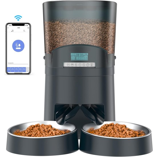 Automatic Cat Feeder App Controlled with 2 Bowls, 6.5 L Cat Feeder with Timer, 0-48 Portion Control, 10s Voice Recording - WLAN Feeder up to 6 Meals a Day Automatic Cat Feeder App Controlled with 2 Bowls, 6.5 L Cat Feeder with Timer, 0-48 Portion Control, 10s Voice Recording - WLAN Feeder up to 6 Meals a Day