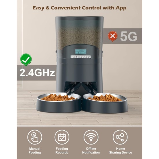Automatic Cat Feeder App Controlled with 2 Bowls, 6.5 L Cat Feeder with Timer, 0-48 Portion Control, 10s Voice Recording - WLAN Feeder up to 6 Meals a Day Automatic Cat Feeder App Controlled with 2 Bowls, 6.5 L Cat Feeder with Timer, 0-48 Portion Control, 10s Voice Recording - WLAN Feeder up to 6 Meals a Day