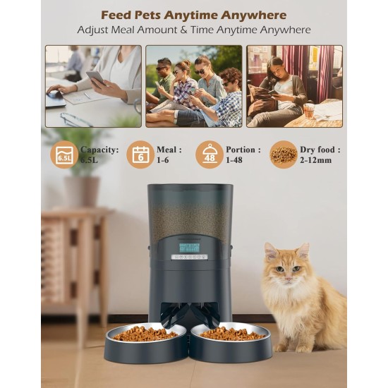 Automatic Cat Feeder App Controlled with 2 Bowls, 6.5 L Cat Feeder with Timer, 0-48 Portion Control, 10s Voice Recording - WLAN Feeder up to 6 Meals a Day Automatic Cat Feeder App Controlled with 2 Bowls, 6.5 L Cat Feeder with Timer, 0-48 Portion Control, 10s Voice Recording - WLAN Feeder up to 6 Meals a Day