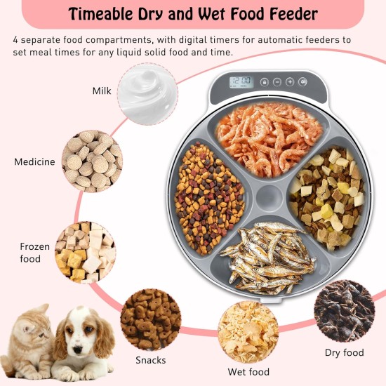 Automatic Cat Feeder Wet Food with Cooling, Pet Feeder with Digital Timer for Wet or Dry Pet Film, 4 Food Compartments for 240 ml Pet Food, with Two Ice Packs Automatic Cat Feeder Wet Food with Cooling, Pet Feeder with Digital Timer for Wet or Dry Pet Film, 4 Food Compartments for 240 ml Pet Food, with Two Ice Packs