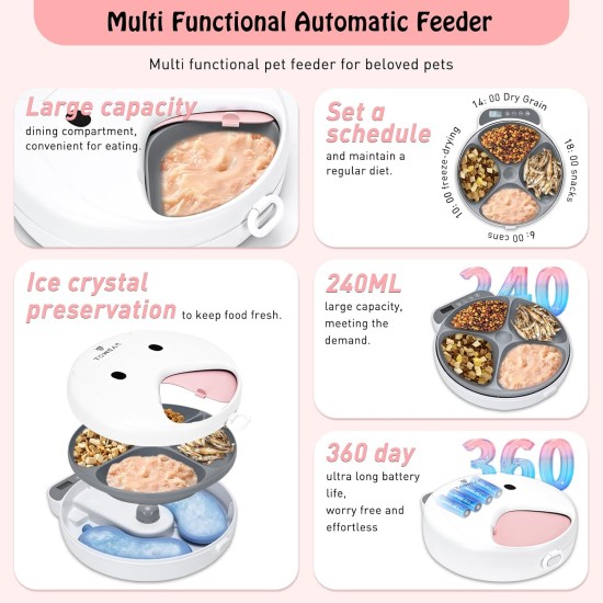Automatic Cat Feeder Wet Food with Cooling, Pet Feeder with Digital Timer for Wet or Dry Pet Film, 4 Food Compartments for 240 ml Pet Food, with Two Ice Packs Automatic Cat Feeder Wet Food with Cooling, Pet Feeder with Digital Timer for Wet or Dry Pet Film, 4 Food Compartments for 240 ml Pet Food, with Two Ice Packs