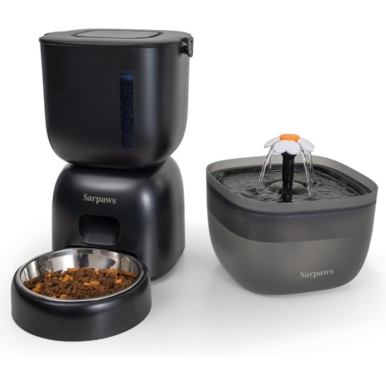 Automatic Cat Feeder and Cat Water Dispenser FW1, Wire or Battery Cat Feeder Timer Pet Feeder - Lockable Lid, Desiccant Bag, Programmable Portion Control