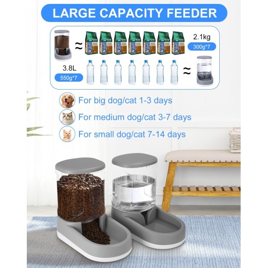 Automatic Food and Water Dispenser for Dogs, Cats, Feeders and Water Dispensers, 2 x 3.8 L, Feeder for Small, Medium and Large Pets, Puppies, Kittens, Grey Automatic Food and Water Dispenser for Dogs, Cats, Feeders and Water Dispensers, 2 x 3.8 L, Feeder for Small, Medium and Large Pets, Puppies, Kittens, Grey