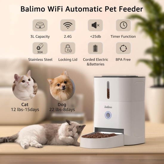 Balimo Automatic Cat Feeder 2.4G WiFi, Cat Food Automatic 3L, Cat Feeder with Night Light and Stainless Steel Bowl, Automatic Feeder, 1 to 10 Meals, Suitable for Dogs and Cats, Black Balimo Automatic Cat Feeder 2.4G WiFi, Cat Food Automatic 3L, Cat Feeder with Night Light and Stainless Steel Bowl, Automatic Feeder, 1 to 10 Meals, Suitable for Dogs and Cats, Black