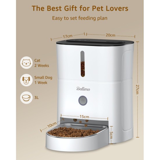 Balimo Automatic Cat Feeder 3L, Cat Food Automatic with Programmable Timer, Automatic Feeder Dogs with Night Light, Fresh Lock Technology, Stainless Steel Bowl, 1 to 6 Meals a Day, White Balimo Automatic Cat Feeder 3L, Cat Food Automatic with Programmable Timer, Automatic Feeder Dogs with Night Light, Fresh Lock Technology, Stainless Steel Bowl, 1 to 6 Meals a Day, White