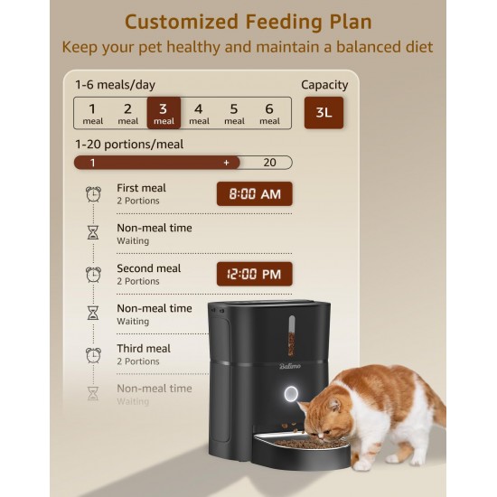 Balimo Automatic Cat Feeder 3L, Cat Food Automatic with Programmable Timer, Automatic Feeder Dogs with Night Light, Fresh Lock Technology, Stainless Steel Bowl, 1 to 6 Meals a Day, Black Balimo Automatic Cat Feeder 3L, Cat Food Automatic with Programmable Timer, Automatic Feeder Dogs with Night Light, Fresh Lock Technology, Stainless Steel Bowl, 1 to 6 Meals a Day, Black