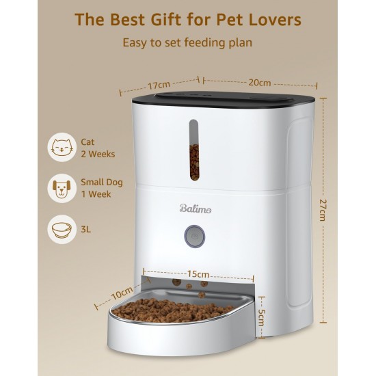 Balimo Automatic Cat Feeder 3L, Cat Food Automatic with Programmable Timer, Automatic Feeder Dogs with Night Light, Fresh Lock Technology, Stainless Steel Bowl, 1 to 6 Meals a Day, Black Balimo Automatic Cat Feeder 3L, Cat Food Automatic with Programmable Timer, Automatic Feeder Dogs with Night Light, Fresh Lock Technology, Stainless Steel Bowl, 1 to 6 Meals a Day, Black