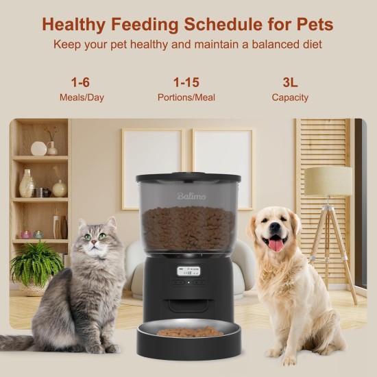 Balimo Automatic Cat Feeder 3L, Cat Food Automatic with Programmable Timer, Automatic Feeder for Cats and Dogs, 1 to 6 Meals a Day, with Stainless Steel Bowl, Black Balimo Automatic Cat Feeder 3L, Cat Food Automatic with Programmable Timer, Automatic Feeder for Cats and Dogs, 1 to 6 Meals a Day, with Stainless Steel Bowl, Black