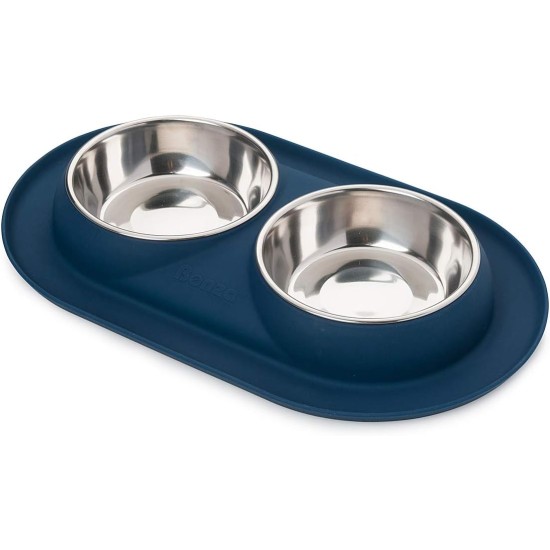 Bonza Double Dog Bowl Pet Feeding Station, Stainless Steel Water and Food Bowls with Spill and Skid Resistant Silicone Base. Premium Quality Feeder Solution for Small Dogs and Cats (Navy Blue) Bonza Double Dog Bowl Pet Feeding Station, Stainless Steel Water and Food Bowls with Spill and Skid Resistant Silicone Base. Premium Quality Feeder Solution for Small Dogs and Cats (Navy Blue)