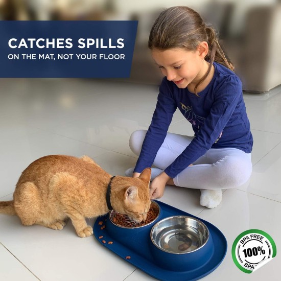 Bonza Double Dog Bowl Pet Feeding Station, Stainless Steel Water and Food Bowls with Spill and Skid Resistant Silicone Base. Premium Quality Feeder Solution for Small Dogs and Cats (Navy Blue) Bonza Double Dog Bowl Pet Feeding Station, Stainless Steel Water and Food Bowls with Spill and Skid Resistant Silicone Base. Premium Quality Feeder Solution for Small Dogs and Cats (Navy Blue)