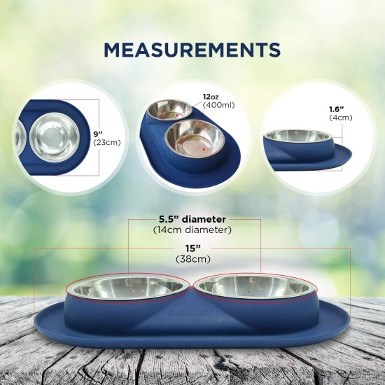 Bonza Double Dog Bowl Pet Feeding Station, Stainless Steel Water and Food Bowls with Spill and Skid Resistant Silicone Base. Premium Quality Feeder Solution for Small Dogs and Cats (Navy Blue) Bonza Double Dog Bowl Pet Feeding Station, Stainless Steel Water and Food Bowls with Spill and Skid Resistant Silicone Base. Premium Quality Feeder Solution for Small Dogs and Cats (Navy Blue)