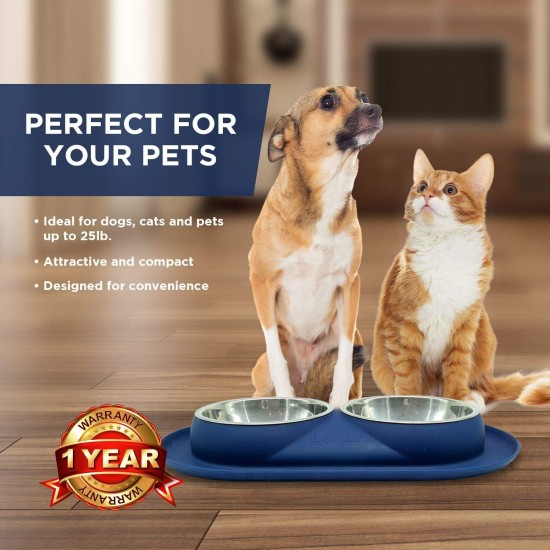 Bonza Double Dog Bowl Pet Feeding Station, Stainless Steel Water and Food Bowls with Spill and Skid Resistant Silicone Base. Premium Quality Feeder Solution for Small Dogs and Cats (Navy Blue) Bonza Double Dog Bowl Pet Feeding Station, Stainless Steel Water and Food Bowls with Spill and Skid Resistant Silicone Base. Premium Quality Feeder Solution for Small Dogs and Cats (Navy Blue)