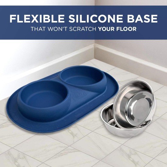 Bonza Double Dog Bowl Pet Feeding Station, Stainless Steel Water and Food Bowls with Spill and Skid Resistant Silicone Base. Premium Quality Feeder Solution for Small Dogs and Cats (Navy Blue) Bonza Double Dog Bowl Pet Feeding Station, Stainless Steel Water and Food Bowls with Spill and Skid Resistant Silicone Base. Premium Quality Feeder Solution for Small Dogs and Cats (Navy Blue)