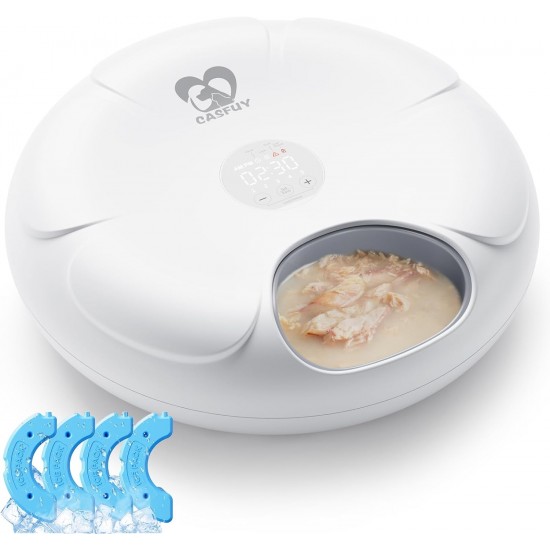Casfuy Automatic Cat Feeder for Moist Wet Food with 4 Ice Packs, Rechargeable Car Wet Feeder for Cats and Small Dogs with Programmable Timer and Low Battery Status Display Casfuy Automatic Cat Feeder for Moist Wet Food with 4 Ice Packs, Rechargeable Car Wet Feeder for Cats and Small Dogs with Programmable Timer and Low Battery Status Display
