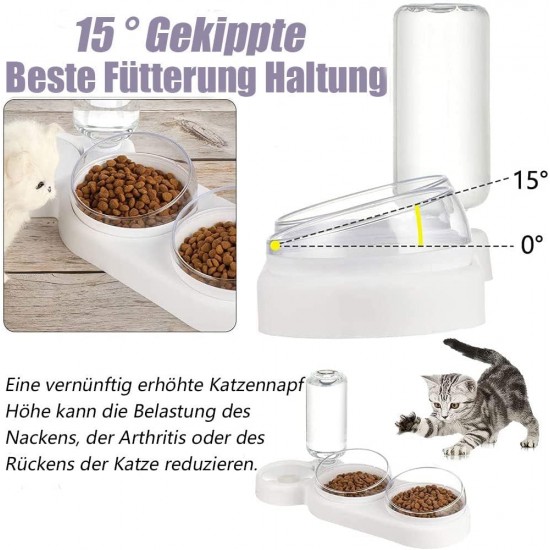 Cat Bowl Set, 15° Tilting Double Wet Dry Food Bowl with Automatic Water Bottle for Small and Medium Dogs and Cats Cat Bowl Set, 15° Tilting Double Wet Dry Food Bowl with Automatic Water Bottle for Small and Medium Dogs and Cats
