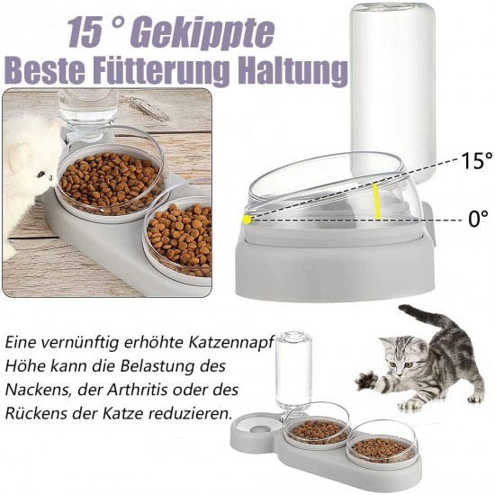 Cat Bowl Set, 15° Tilting Double Wet Dry Food Bowl with Automatic Water Bottle for Small and Medium Dogs and Cats Cat Bowl Set, 15° Tilting Double Wet Dry Food Bowl with Automatic Water Bottle for Small and Medium Dogs and Cats