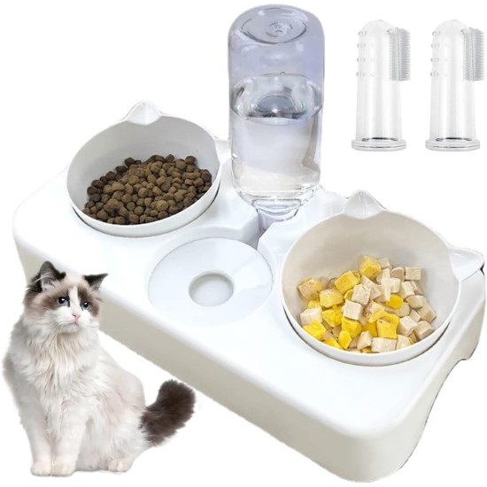 Cat Bowl with Water Dispenser, 3-in-1 Cat Bowl Feeding Bowl for Cats, Double Bowl Separation of Dry and Wet Food, Inclined Feeding Bowl, Cat Feeding Bowl, Automatic, with 2 Finger Toothbrushes (Blue) Cat Bowl with Water Dispenser, 3-in-1 Cat Bowl Feeding Bowl for Cats, Double Bowl Separation of Dry and Wet Food, Inclined Feeding Bowl, Cat Feeding Bowl, Automatic, with 2 Finger Toothbrushes (Blue)