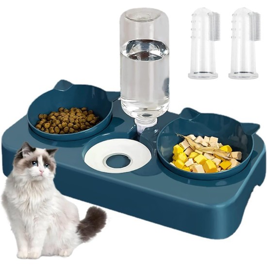 Cat Bowl with Water Dispenser, 3-in-1 Cat Bowl Feeding Bowl for Cats, Double Bowl Separation of Dry and Wet Food, Inclined Feeding Bowl, Cat Feeding Bowl, Automatic, with 2 Finger Toothbrushes (Blue) Cat Bowl with Water Dispenser, 3-in-1 Cat Bowl Feeding Bowl for Cats, Double Bowl Separation of Dry and Wet Food, Inclined Feeding Bowl, Cat Feeding Bowl, Automatic, with 2 Finger Toothbrushes (Blue)