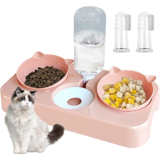 Cat Bowl with Water Dispenser, 3-in-1 Cat Bowl Feeding Bowl for Cats, Double Bowl Separation of Dry and Wet Food, Inclined Feeding Bowl, Cat Feeding Bowl, Automatic, with 2 Finger Toothbrushes (Blue) Cat Bowl with Water Dispenser, 3-in-1 Cat Bowl Feeding Bowl for Cats, Double Bowl Separation of Dry and Wet Food, Inclined Feeding Bowl, Cat Feeding Bowl, Automatic, with 2 Finger Toothbrushes (Blue)
