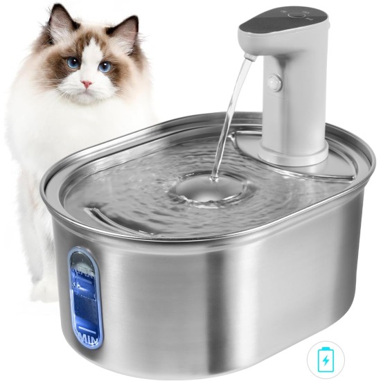 Drinking Fountain for Cats, Stainless Steel Wireless Cat Fountain with Motion Sensor, 3 L, Quiet Cat Drinking Fountain with Water Level Window, 5000 mAh Battery Capacity, Drinking Fountain for Cats Drinking Fountain for Cats, Stainless Steel Wireless Cat Fountain with Motion Sensor, 3 L, Quiet Cat Drinking Fountain with Water Level Window, 5000 mAh Battery Capacity, Drinking Fountain for Cats