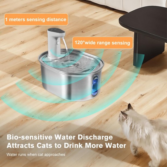 Drinking Fountain for Cats, Stainless Steel Wireless Cat Fountain with Motion Sensor, 3 L, Quiet Cat Drinking Fountain with Water Level Window, 5000 mAh Battery Capacity, Drinking Fountain for Cats Drinking Fountain for Cats, Stainless Steel Wireless Cat Fountain with Motion Sensor, 3 L, Quiet Cat Drinking Fountain with Water Level Window, 5000 mAh Battery Capacity, Drinking Fountain for Cats