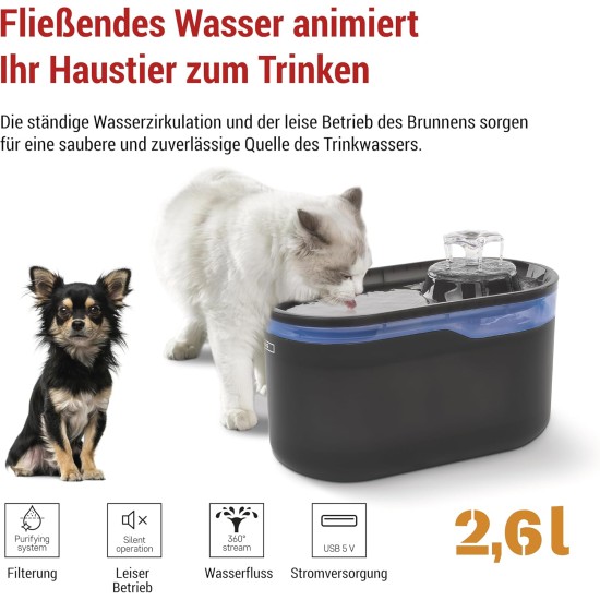 EMOS - Cat Fountain 2.6 L with Filtration System - Pet Care Drinking Fountain for Dogs and Cats - Drinking Water Fountain - Water Fountain for Pets - Fresh Water Dispenser - Grey EMOS - Cat Fountain 2.6 L with Filtration System - Pet Care Drinking Fountain for Dogs and Cats - Drinking Water Fountain - Water Fountain for Pets - Fresh Water Dispenser - Grey