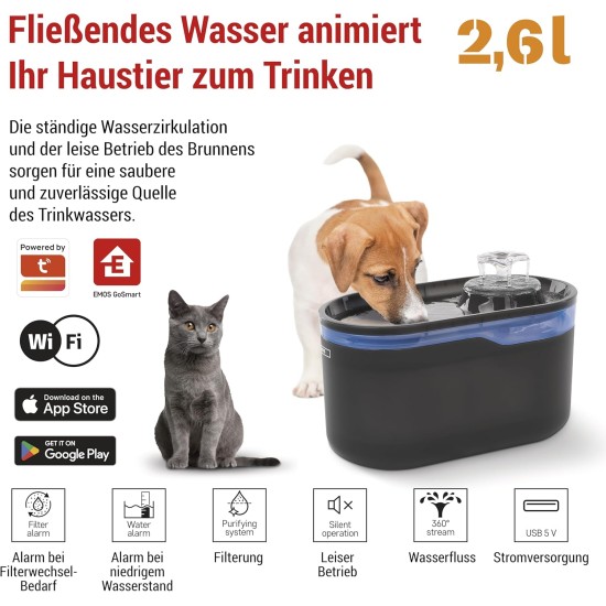 EMOS - Cat Fountain 2.6 L with Filtration System - Pet Care Drinking Fountain for Dogs and Cats - Drinking Water Fountain - Water Fountain for Pets - Fresh Water Dispenser - Grey EMOS - Cat Fountain 2.6 L with Filtration System - Pet Care Drinking Fountain for Dogs and Cats - Drinking Water Fountain - Water Fountain for Pets - Fresh Water Dispenser - Grey