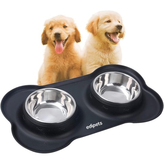 Edipets, Feeding Bowl for Dogs, Cats and Pets, Drinker for Dogs, Cats, Double Plates, Stainless Steel, Non-Slip Silicone Base (Black) Edipets, Feeding Bowl for Dogs, Cats and Pets, Drinker for Dogs, Cats, Double Plates, Stainless Steel, Non-Slip Silicone Base (Black)
