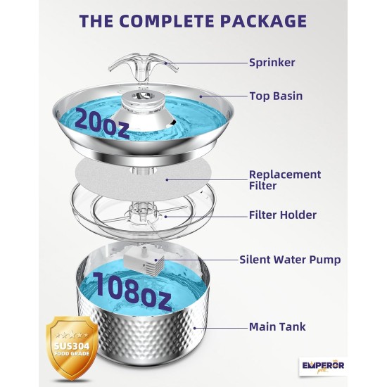 Emperor Pets Cat Water Fountain Stainless Steel - 3.2L Ultra Quiet Automatic Dog Water Fountain for Cats | Premium Pet Water Fountain Dishwasher Safe Ideal for Multiple Pets Emperor Pets Cat Water Fountain Stainless Steel - 3.2L Ultra Quiet Automatic Dog Water Fountain for Cats | Premium Pet Water Fountain Dishwasher Safe Ideal for Multiple Pets