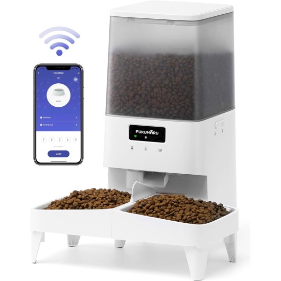FUKUMARU Automatic Cat Feeder, 5L Cat Feeder WiFi with Double Bowl, Automatic Cat Feeder with Tailored Schedule, Battery Operated & Wired Electrics, White, Large FUKUMARU Automatic Cat Feeder, 5L Cat Feeder WiFi with Double Bowl, Automatic Cat Feeder with Tailored Schedule, Battery Operated & Wired Electrics, White, Large
