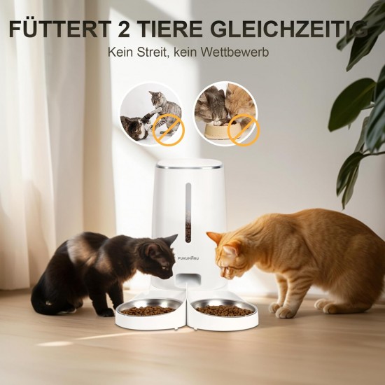 FUKUMARU Automatic Cat Feeder for 4L Cat Food, WiFi Feeder with Double Bowls, Automatic Food Dispenser for Cats/Dogs, with Customised Schedule, Battery-Operated & Wired Power Options, White FUKUMARU Automatic Cat Feeder for 4L Cat Food, WiFi Feeder with Double Bowls, Automatic Food Dispenser for Cats/Dogs, with Customised Schedule, Battery-Operated & Wired Power Options, White