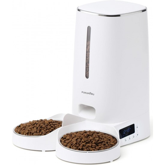 FUKUMARU Automatic Cat Feeder for 4L Cat Food, WiFi Feeder with Double Bowls, Automatic Food Dispenser for Cats/Dogs, with Customised Schedule, Battery-Operated & Wired Power Options, White FUKUMARU Automatic Cat Feeder for 4L Cat Food, WiFi Feeder with Double Bowls, Automatic Food Dispenser for Cats/Dogs, with Customised Schedule, Battery-Operated & Wired Power Options, White