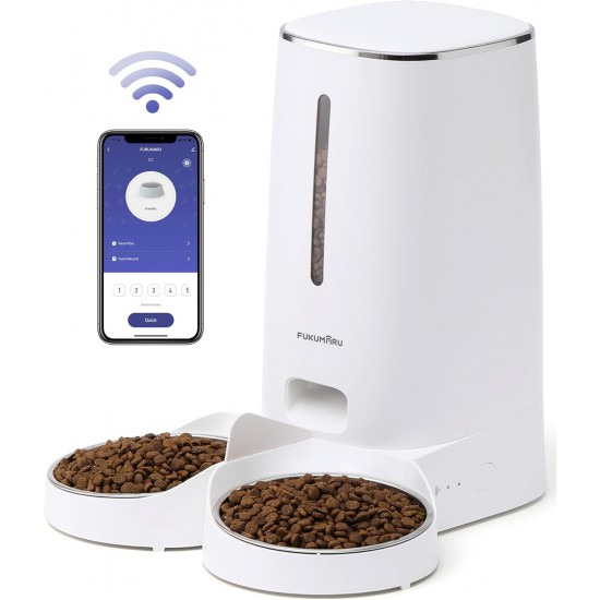 FUKUMARU Automatic Cat Feeder for 4L Cat Food, WiFi Feeder with Double Bowls, Automatic Food Dispenser for Cats/Dogs, with Customised Schedule, Battery-Operated & Wired Power Options, White FUKUMARU Automatic Cat Feeder for 4L Cat Food, WiFi Feeder with Double Bowls, Automatic Food Dispenser for Cats/Dogs, with Customised Schedule, Battery-Operated & Wired Power Options, White