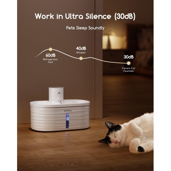 Faroro Cat Fountain, 2.5 L Drinking Fountain for Cats, Wireless, Battery Operated Cat Fountain with Motion Sensor, 5000 mAh Battery, Extremely Quiet Pump, BPA-Free, White Faroro Cat Fountain, 2.5 L Drinking Fountain for Cats, Wireless, Battery Operated Cat Fountain with Motion Sensor, 5000 mAh Battery, Extremely Quiet Pump, BPA-Free, White
